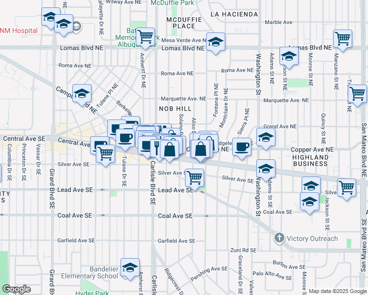 map of restaurants, bars, coffee shops, grocery stores, and more near 3803 Copper Avenue Northeast in Albuquerque
