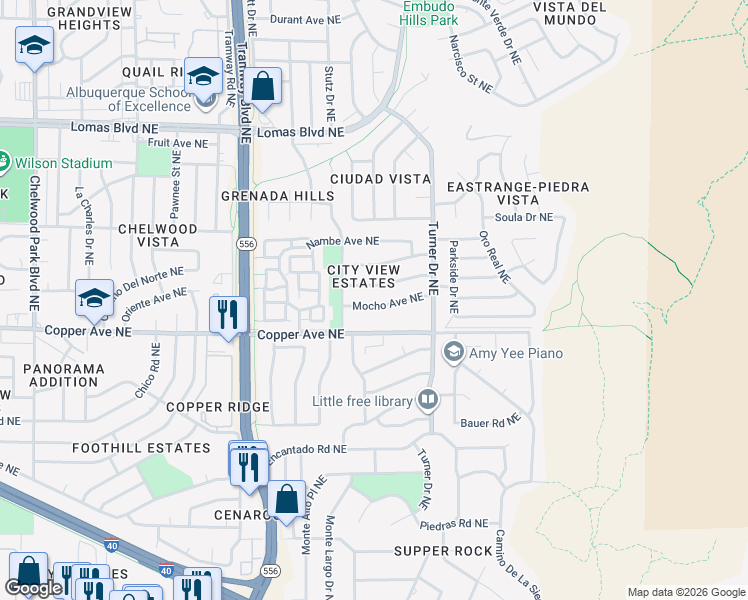 map of restaurants, bars, coffee shops, grocery stores, and more near 14209 Mocho Avenue Northeast in Albuquerque