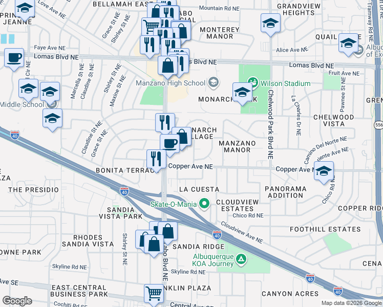 map of restaurants, bars, coffee shops, grocery stores, and more near 700a Juan Tabo Boulevard Northeast in Albuquerque