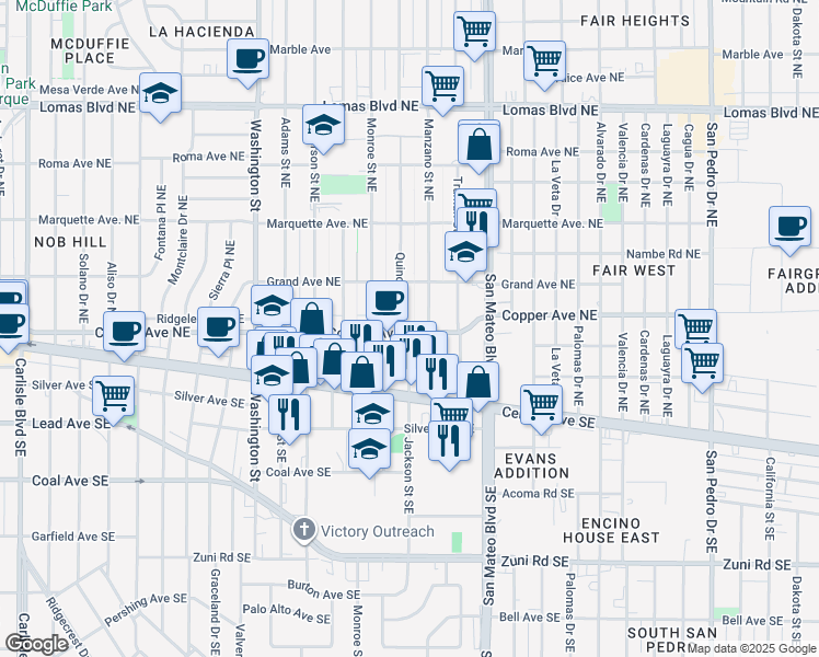 map of restaurants, bars, coffee shops, grocery stores, and more near 203 Quincy Street Northeast in Albuquerque