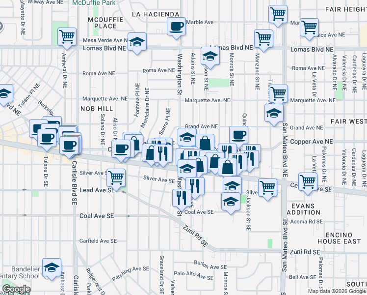 map of restaurants, bars, coffee shops, grocery stores, and more near 205 Adams Street Southeast in Albuquerque
