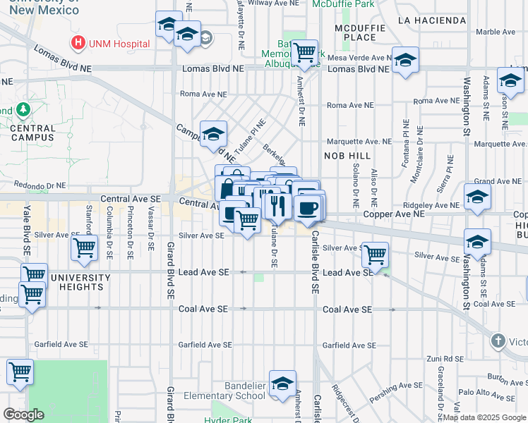 map of restaurants, bars, coffee shops, grocery stores, and more near 3339 Central Avenue Northeast in Albuquerque