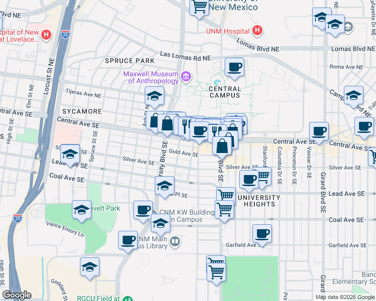 map of restaurants, bars, coffee shops, grocery stores, and more near 119 Terrace Street Southeast in Albuquerque