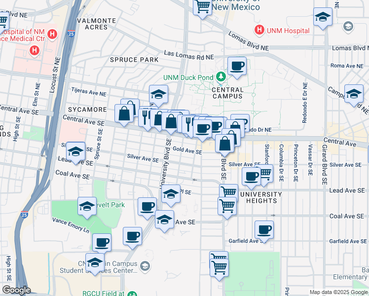 map of restaurants, bars, coffee shops, grocery stores, and more near 1817 Gold Avenue Southeast in Albuquerque