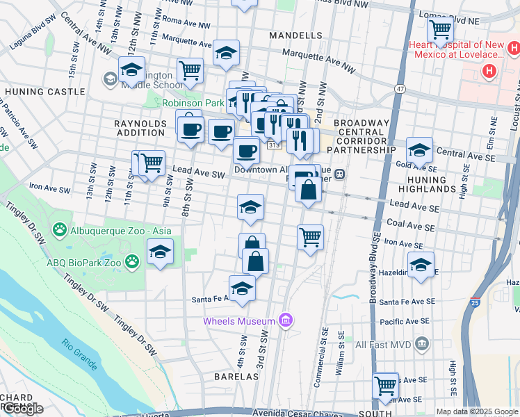map of restaurants, bars, coffee shops, grocery stores, and more near 400 Coal Avenue Southwest in Albuquerque