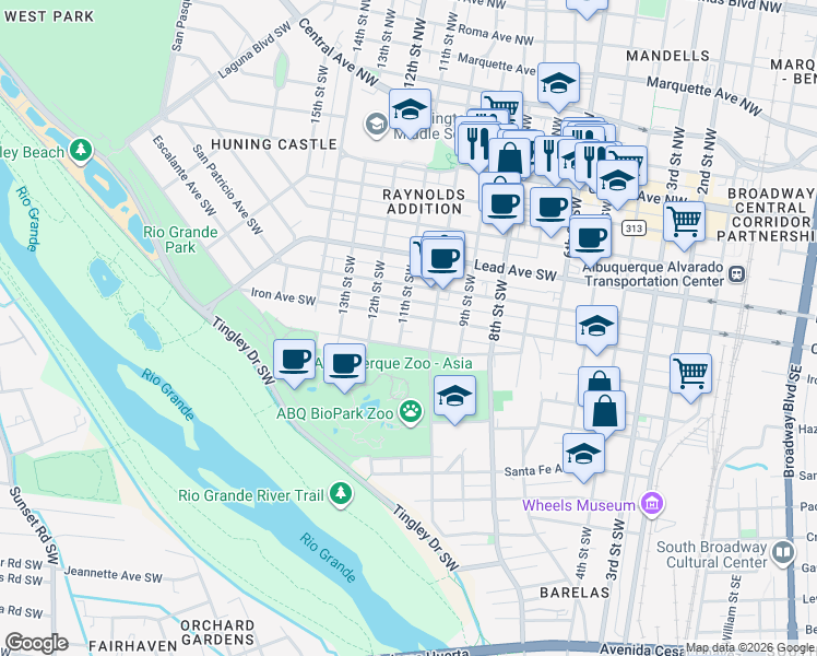 map of restaurants, bars, coffee shops, grocery stores, and more near 1016 Iron Avenue Southwest in Albuquerque