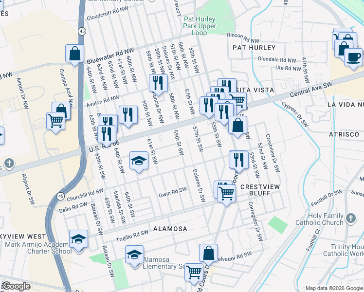 map of restaurants, bars, coffee shops, grocery stores, and more near 123 59th Street Southwest in Albuquerque