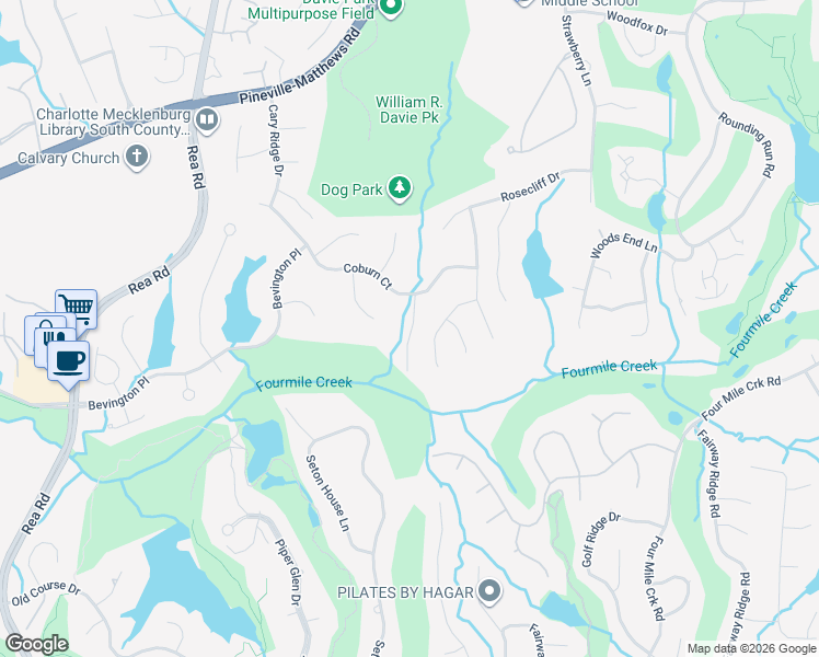 map of restaurants, bars, coffee shops, grocery stores, and more near 4701 Coburn Court in Charlotte