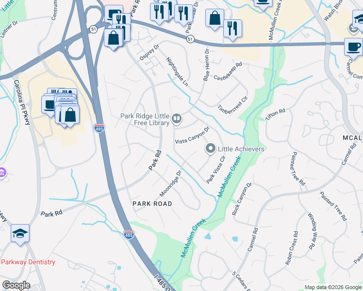 map of restaurants, bars, coffee shops, grocery stores, and more near 7701 Park Vista Circle in Charlotte