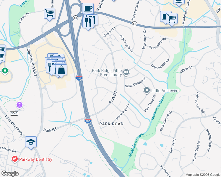 map of restaurants, bars, coffee shops, grocery stores, and more near 11516 Park Road in Charlotte