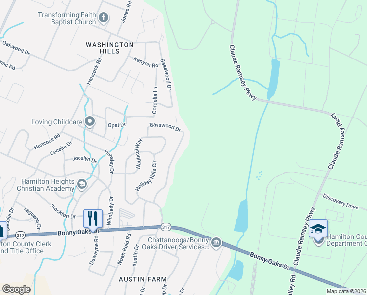 map of restaurants, bars, coffee shops, grocery stores, and more near 7750 Basswood Drive in Chattanooga