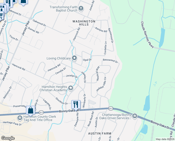map of restaurants, bars, coffee shops, grocery stores, and more near 6421 Rosemary Drive in Chattanooga