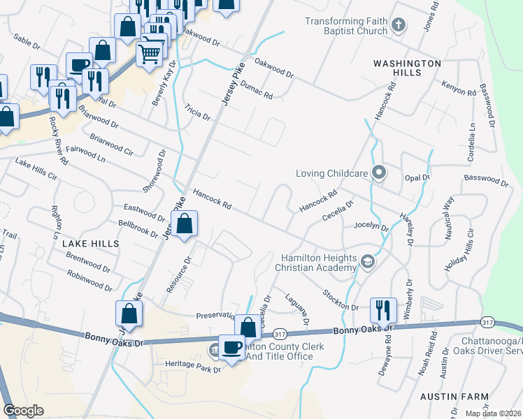 map of restaurants, bars, coffee shops, grocery stores, and more near 4626 Heiskell Drive in Chattanooga