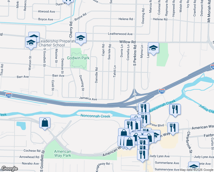 map of restaurants, bars, coffee shops, grocery stores, and more near 1877 Sea Isle Road in Memphis