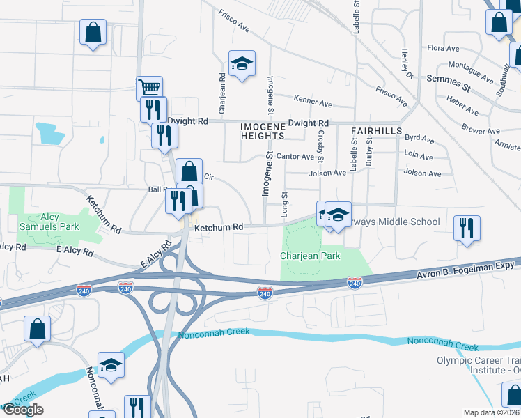 map of restaurants, bars, coffee shops, grocery stores, and more near 2371 Imogene Street in Memphis