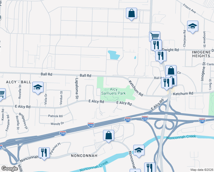 map of restaurants, bars, coffee shops, grocery stores, and more near 2364 North Orchid Drive in Memphis