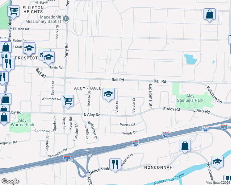 map of restaurants, bars, coffee shops, grocery stores, and more near 2366 Vista Drive in Memphis