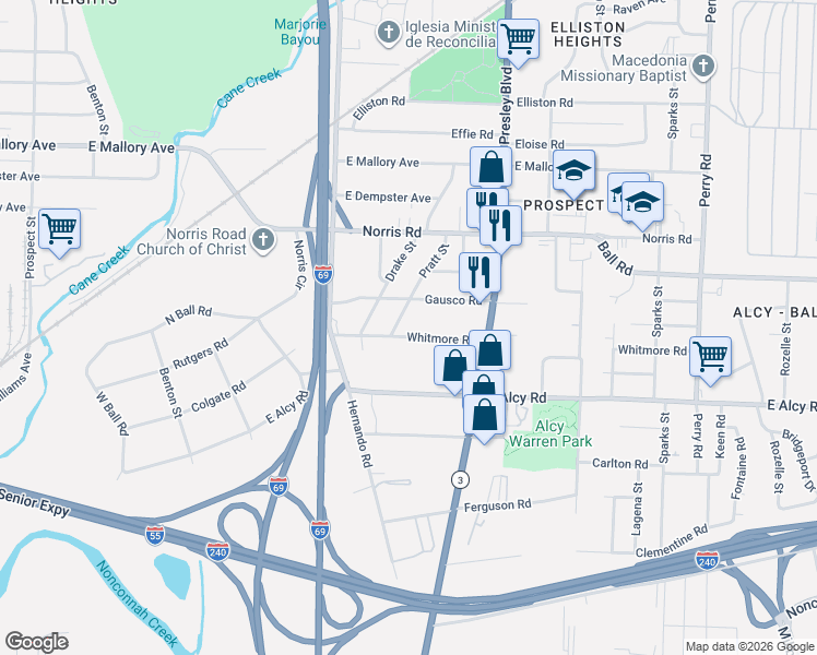 map of restaurants, bars, coffee shops, grocery stores, and more near 2375 Pratt Street in Memphis