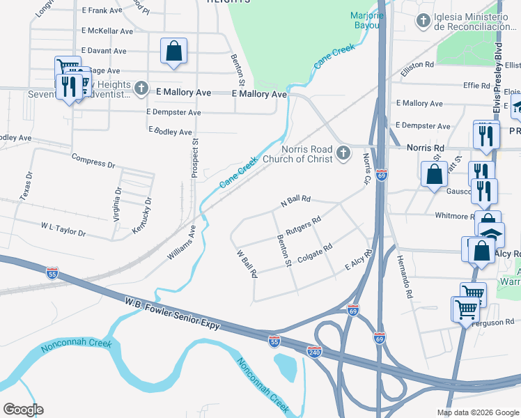 map of restaurants, bars, coffee shops, grocery stores, and more near 904 North Ball Road in Memphis