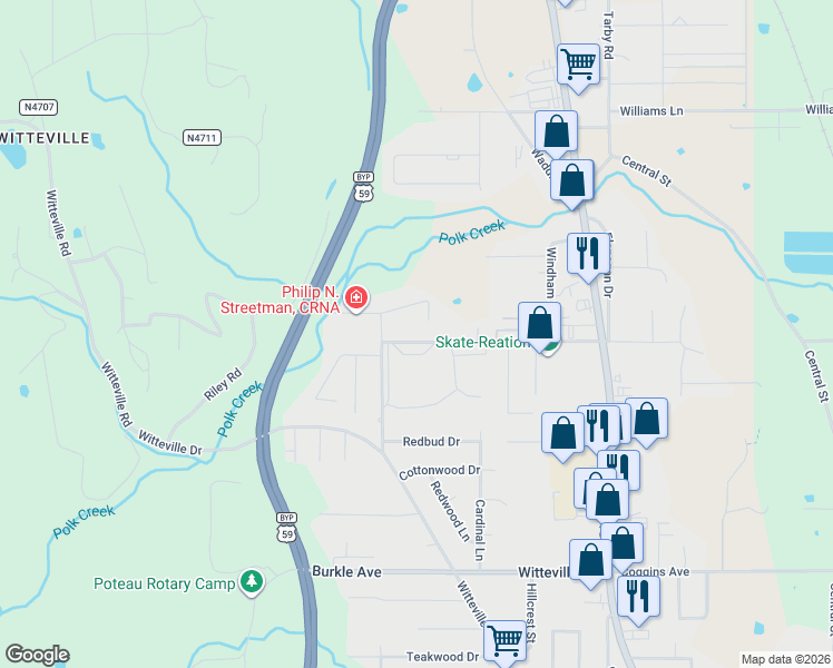 map of restaurants, bars, coffee shops, grocery stores, and more near 404 Hughes Drive in Poteau