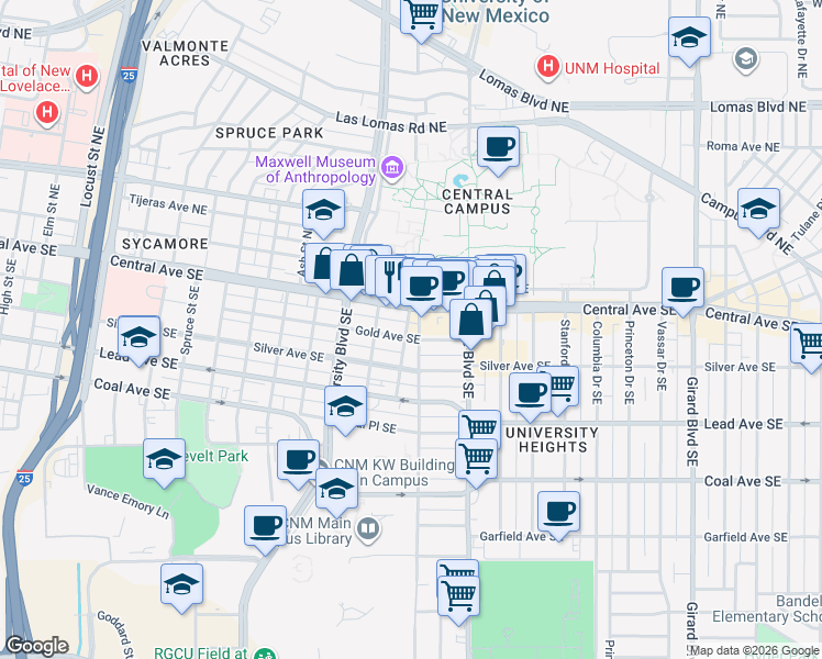 map of restaurants, bars, coffee shops, grocery stores, and more near 119 Terrace Street Southeast in Albuquerque