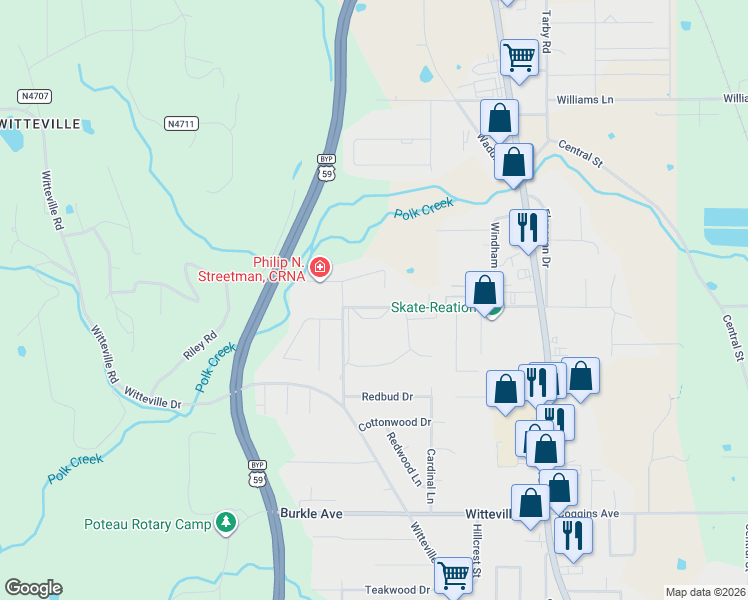 map of restaurants, bars, coffee shops, grocery stores, and more near 404 Hughes Drive in Poteau