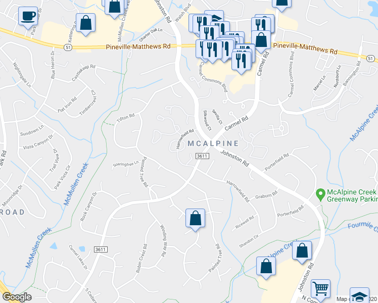 map of restaurants, bars, coffee shops, grocery stores, and more near 11133 Harrowfield Road in Charlotte