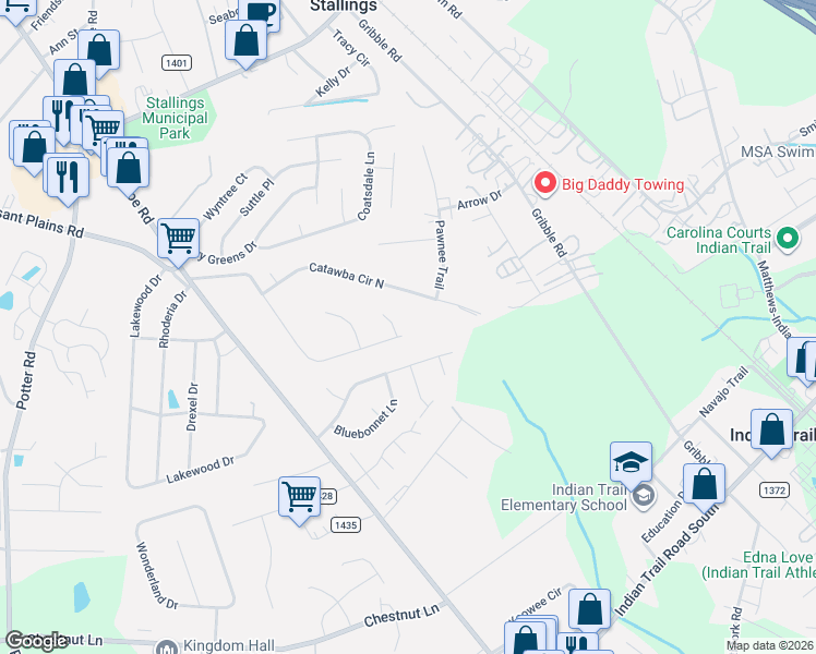 map of restaurants, bars, coffee shops, grocery stores, and more near 15435 Catawba Circle South in Matthews