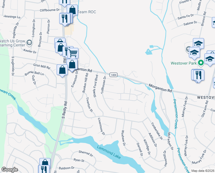 map of restaurants, bars, coffee shops, grocery stores, and more near 6324 Foxlake Drive in Fayetteville