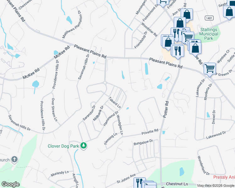 map of restaurants, bars, coffee shops, grocery stores, and more near 1136 Drummond Lane in Matthews