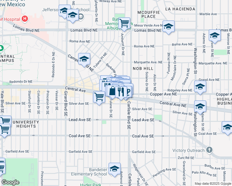 map of restaurants, bars, coffee shops, grocery stores, and more near 3411 Central Avenue Northeast in Albuquerque