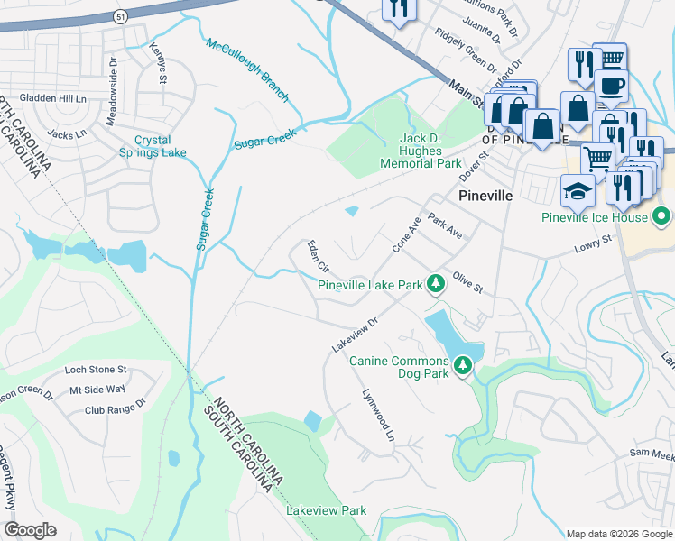 map of restaurants, bars, coffee shops, grocery stores, and more near in Pineville