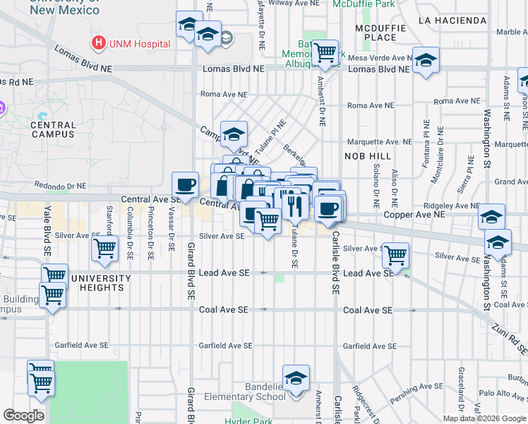 map of restaurants, bars, coffee shops, grocery stores, and more near 3202 Central Avenue Southeast in Albuquerque