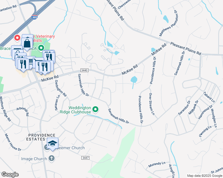 map of restaurants, bars, coffee shops, grocery stores, and more near 1708 Candlewood Ridge Lane in Matthews