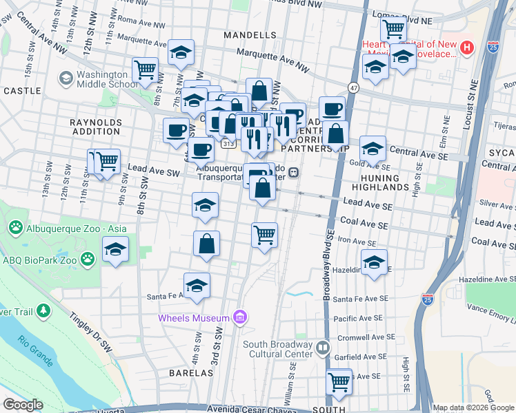 map of restaurants, bars, coffee shops, grocery stores, and more near in Albuquerque