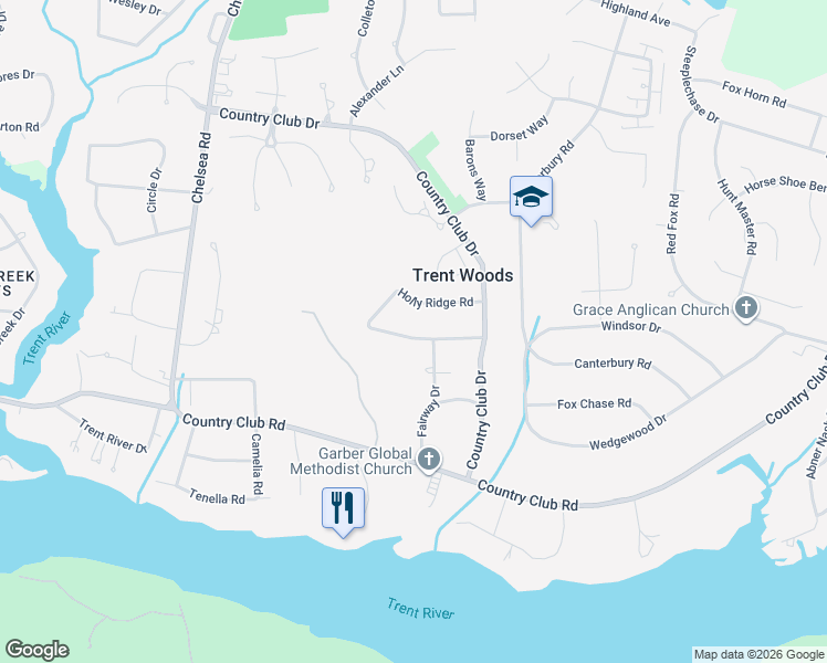 map of restaurants, bars, coffee shops, grocery stores, and more near 402 Fairway Drive in Trent Woods