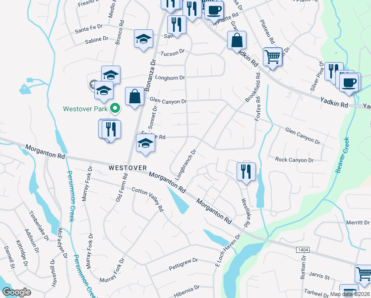 map of restaurants, bars, coffee shops, grocery stores, and more near 5144 Wichita Drive in Fayetteville