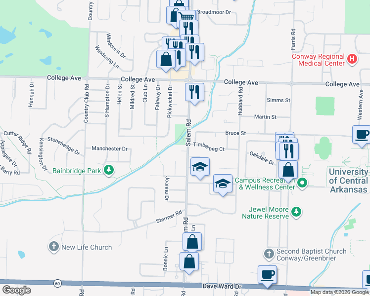 map of restaurants, bars, coffee shops, grocery stores, and more near 2904 Percy Circle in Conway