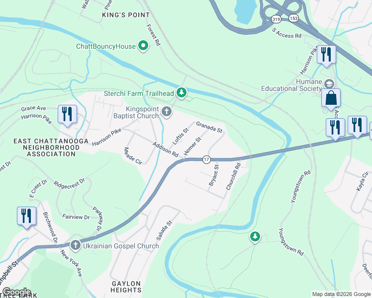 map of restaurants, bars, coffee shops, grocery stores, and more near 4015 Homer Street in Chattanooga