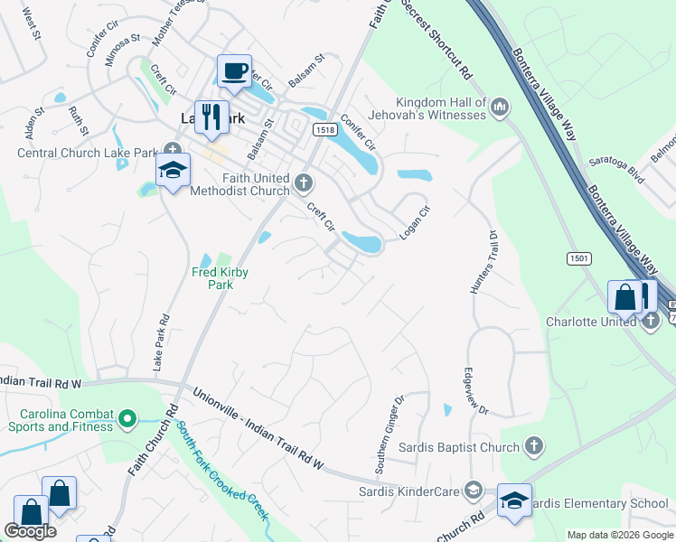 map of restaurants, bars, coffee shops, grocery stores, and more near 5705 Hoover Street in Indian Trail