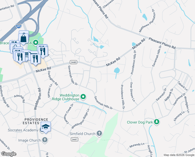 map of restaurants, bars, coffee shops, grocery stores, and more near 2333 Nettleton Court in Matthews