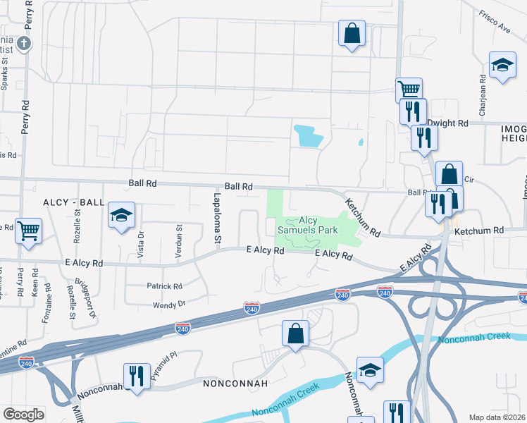 map of restaurants, bars, coffee shops, grocery stores, and more near 2019 Ball Road in Memphis