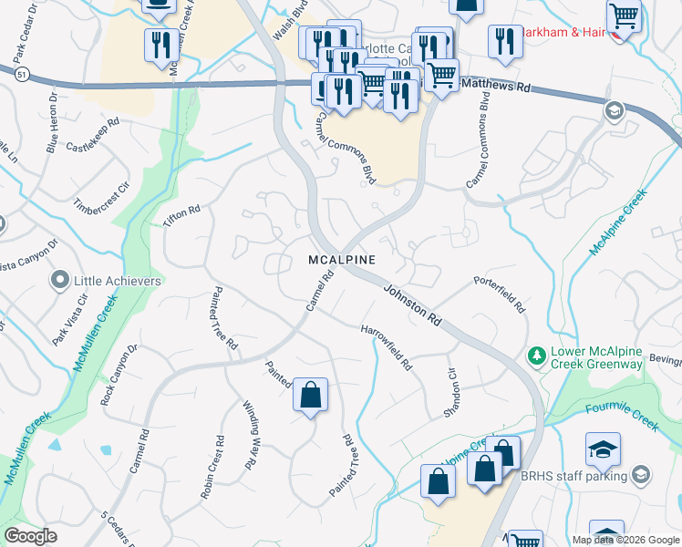 map of restaurants, bars, coffee shops, grocery stores, and more near 11198 Johnston Road in Charlotte