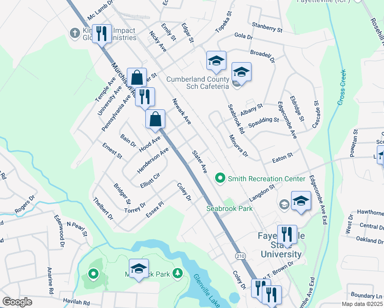 map of restaurants, bars, coffee shops, grocery stores, and more near 1701 Slater Avenue in Fayetteville