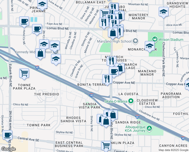 map of restaurants, bars, coffee shops, grocery stores, and more near 11612 Mocho Place Northeast in Albuquerque