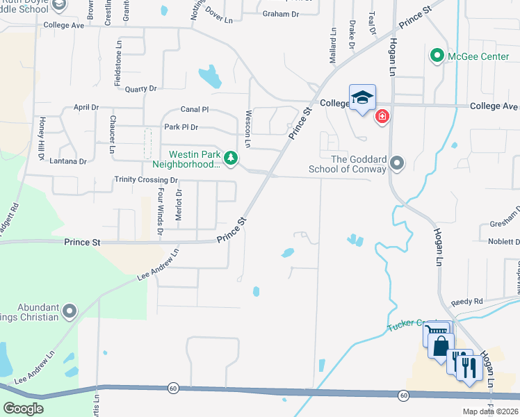 map of restaurants, bars, coffee shops, grocery stores, and more near 4725 Dave Ward Drive in Conway