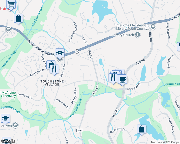 map of restaurants, bars, coffee shops, grocery stores, and more near 9300 Elverson Drive in Charlotte