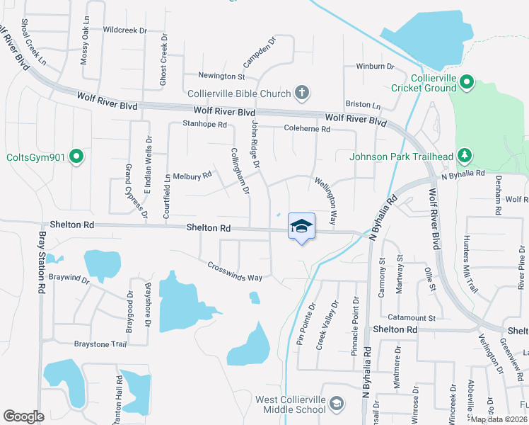 map of restaurants, bars, coffee shops, grocery stores, and more near 1500 John Ridge Drive in Collierville