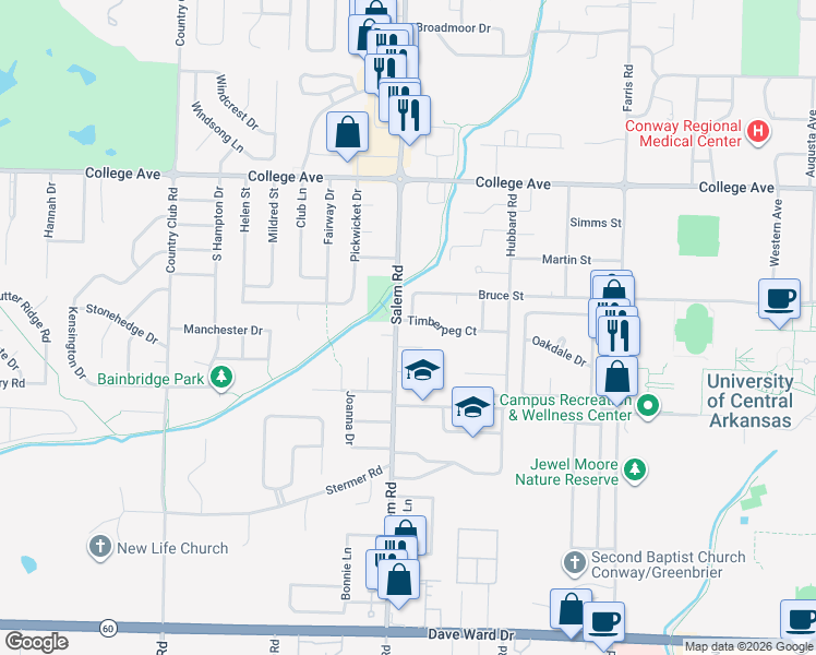 map of restaurants, bars, coffee shops, grocery stores, and more near 2904 Percy Circle in Conway