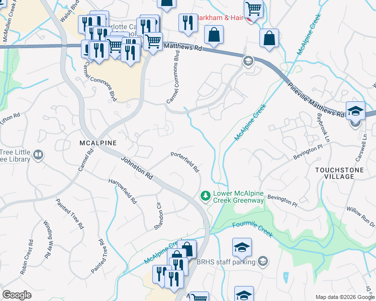 map of restaurants, bars, coffee shops, grocery stores, and more near 11828 Post Ridge Court in Charlotte